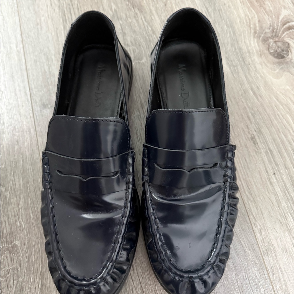 Massimo Dutti Navy Blue Gathered Penny Loafers